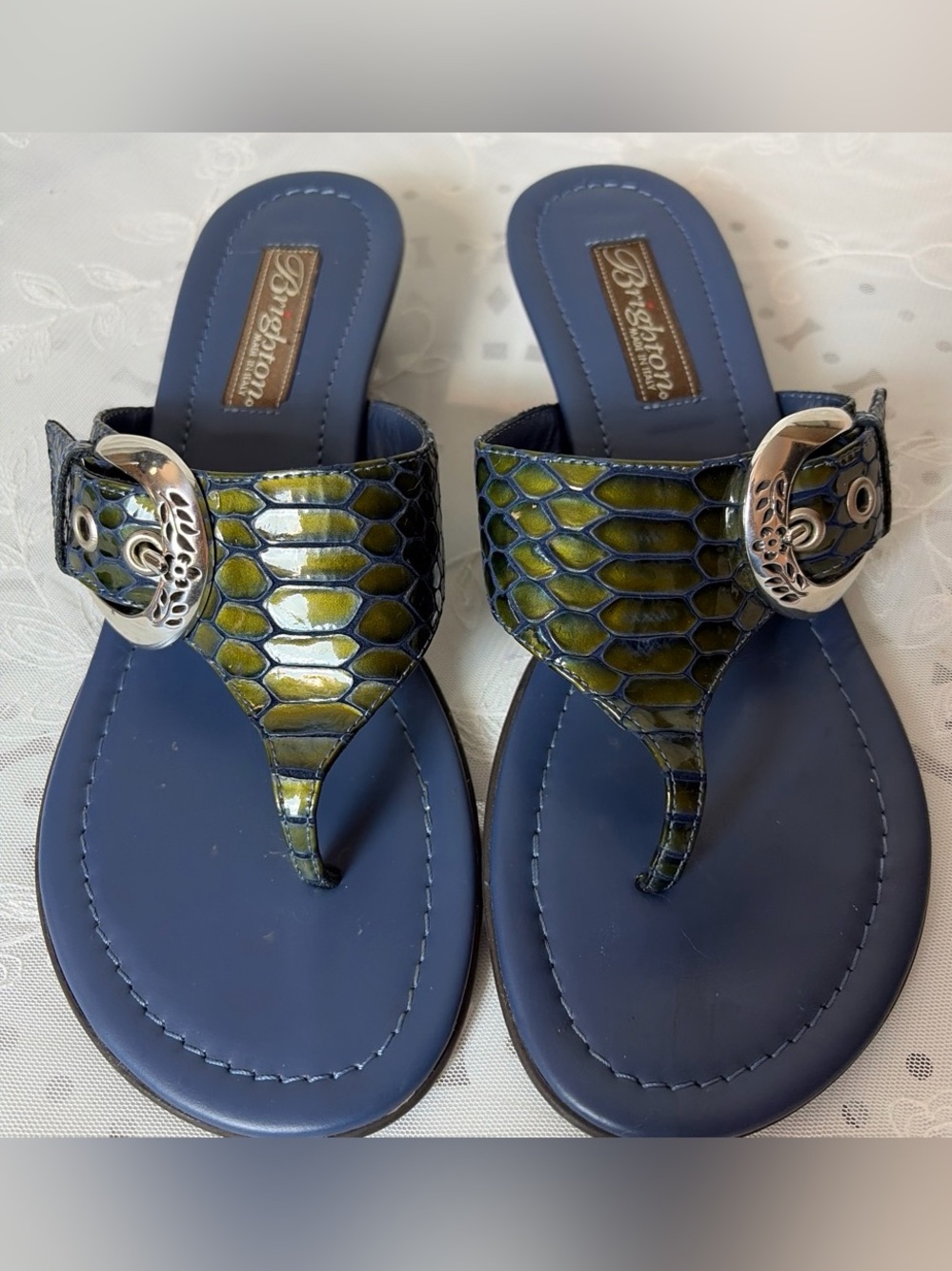 Brighton Navy Blue and Olive Green Snakeskin-Pattern Sandals